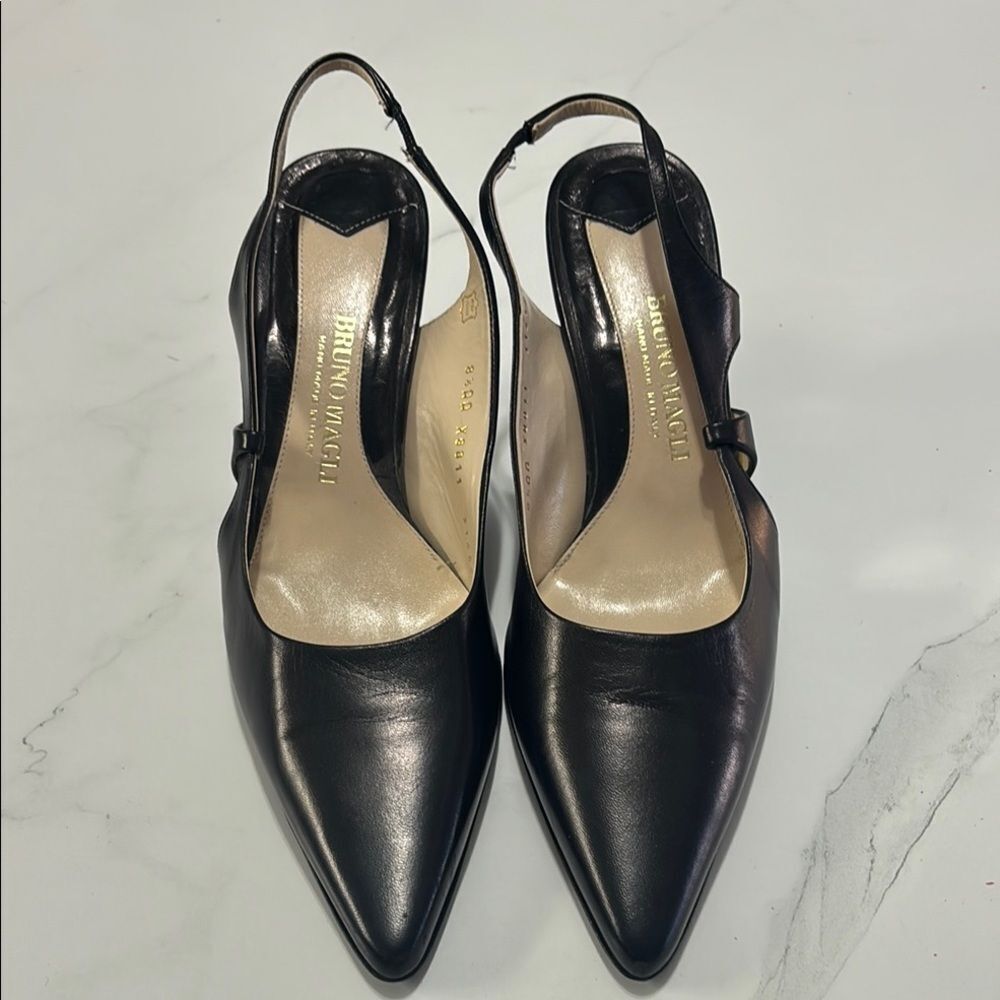 Bruno Magali Black Leather Slingback Heels with Pointed Toe